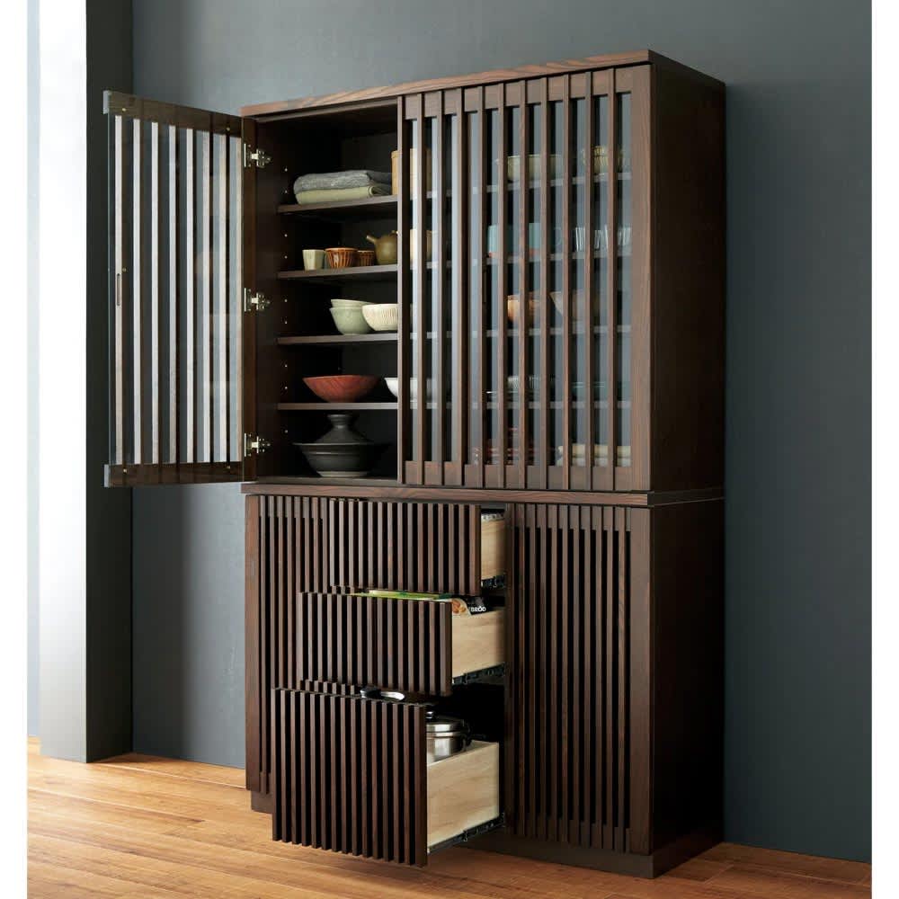 和モダン タモ天然木格子 ダイニングシリーズ 食器棚 幅120cm奥行44cm