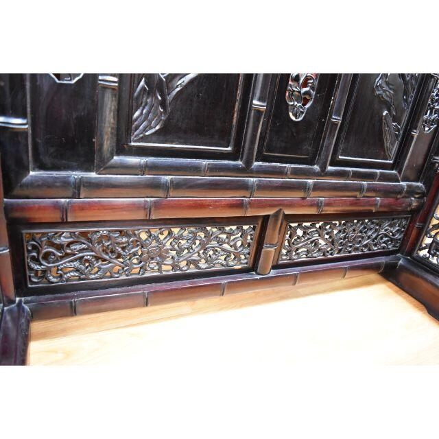 中国民国時代 微細花鳥透かし彫紫檀屏風 古唐木 竹節 一点もの WWWT042