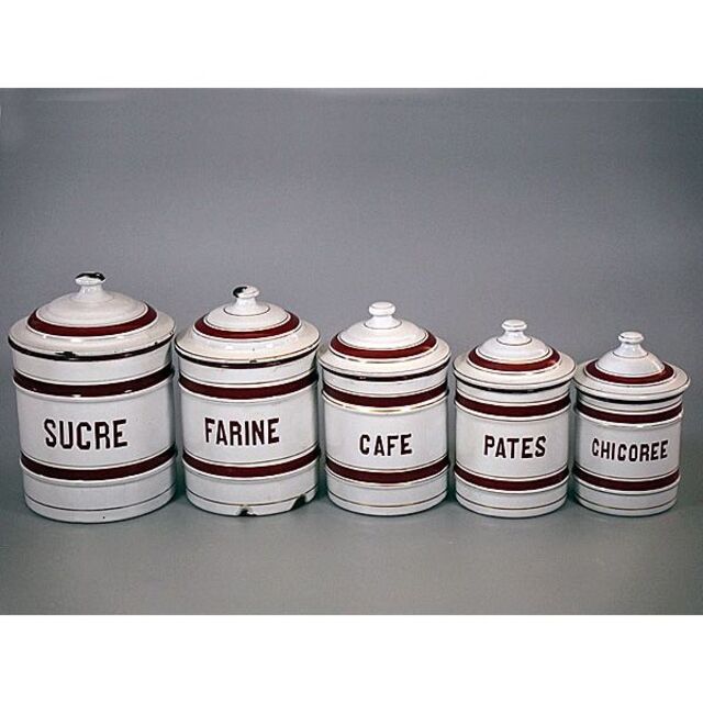 フランス アンティーク ホーローキャニスター 5個セット 白地x赤ライン b