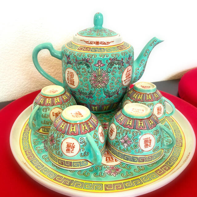 粉彩 茶器セット 景徳鎮 香医堂-KOIDO ⁄ 黒 ☆中国 粉