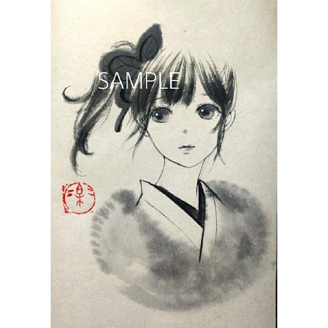 専用 肉筆原画 水墨画 墨絵 手描きイラスト 和装 蝶の髪飾り 日本画の