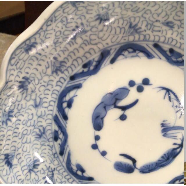 古伊万里 染付 微塵唐草紋様 輪花型 中皿 浅鉢 5枚