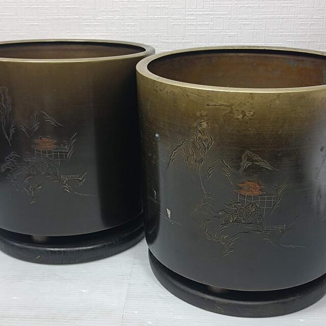 骨董品 真鍮製/木製工台 手あぶり/火鉢 2個1組