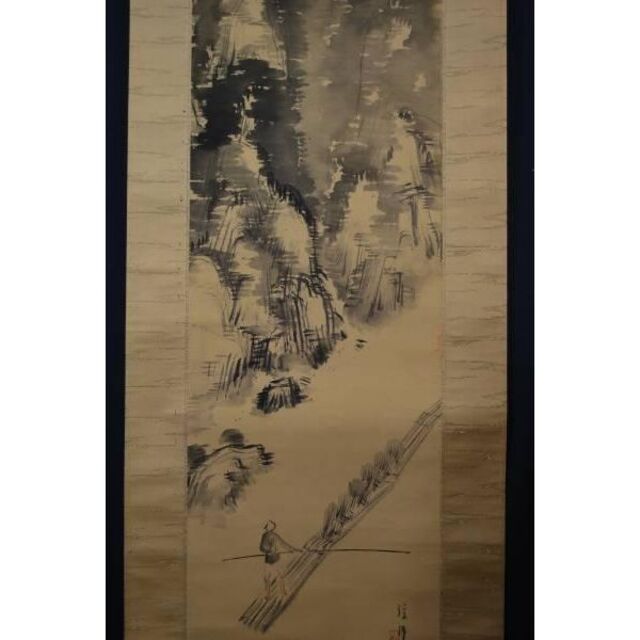 矢沢弦月/嵐峡筏下り図/掛軸☆宝船☆K-945 J