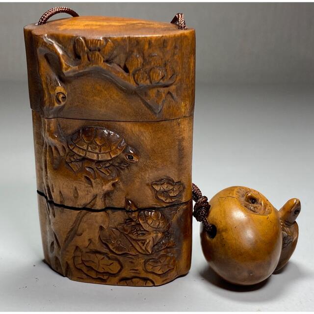 印籠 柘植 亀 黄楊繊細彫刻 木製 印籠 柘植 てんとう虫形 黄楊繊細彫刻
