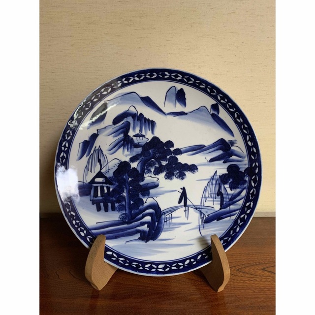 扇型皿 青磁に染付 山水図 幕末骨董 旧家蔵出し コレクター放出美品 古