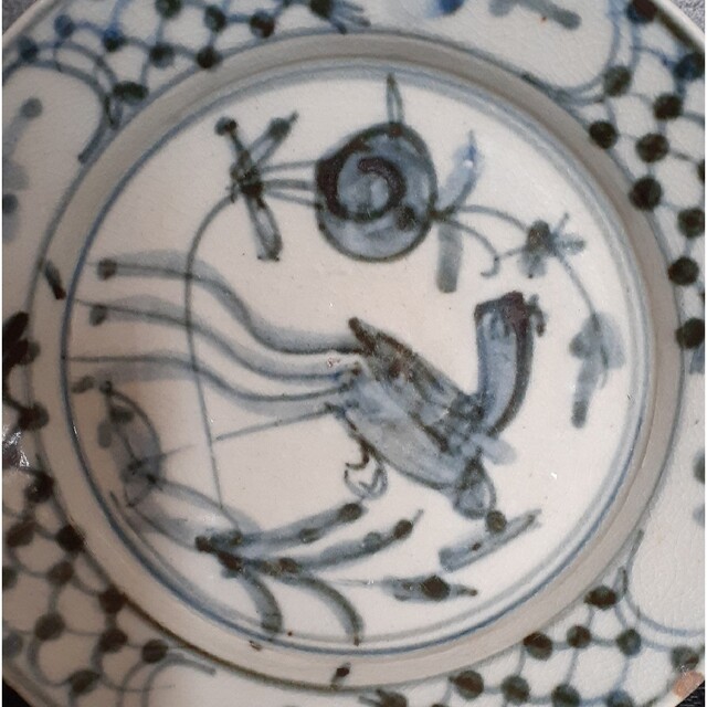 中国美術 中国染付人物文様 絵付大皿 中国ヴィンテージ 刻印あり 中国