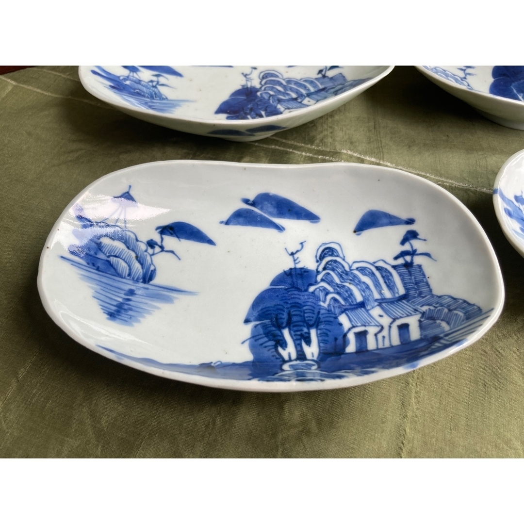 古伊万里 染錦 松に丹頂鶴の図 角皿 4枚 D827AS-BJn 古伊万里染錦松に