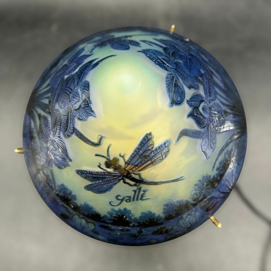 エミールガレ 2灯 蜻蛉文 台座真鍮 カメオ彫り 被せガラス 高さ25cm