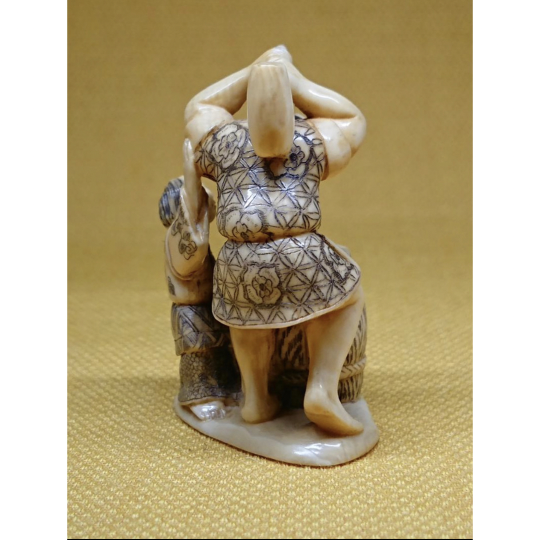 牙 骨 柘植等（天然素材） 鏡蓋（銅銀象嵌）饅頭根付 銘有り 修復