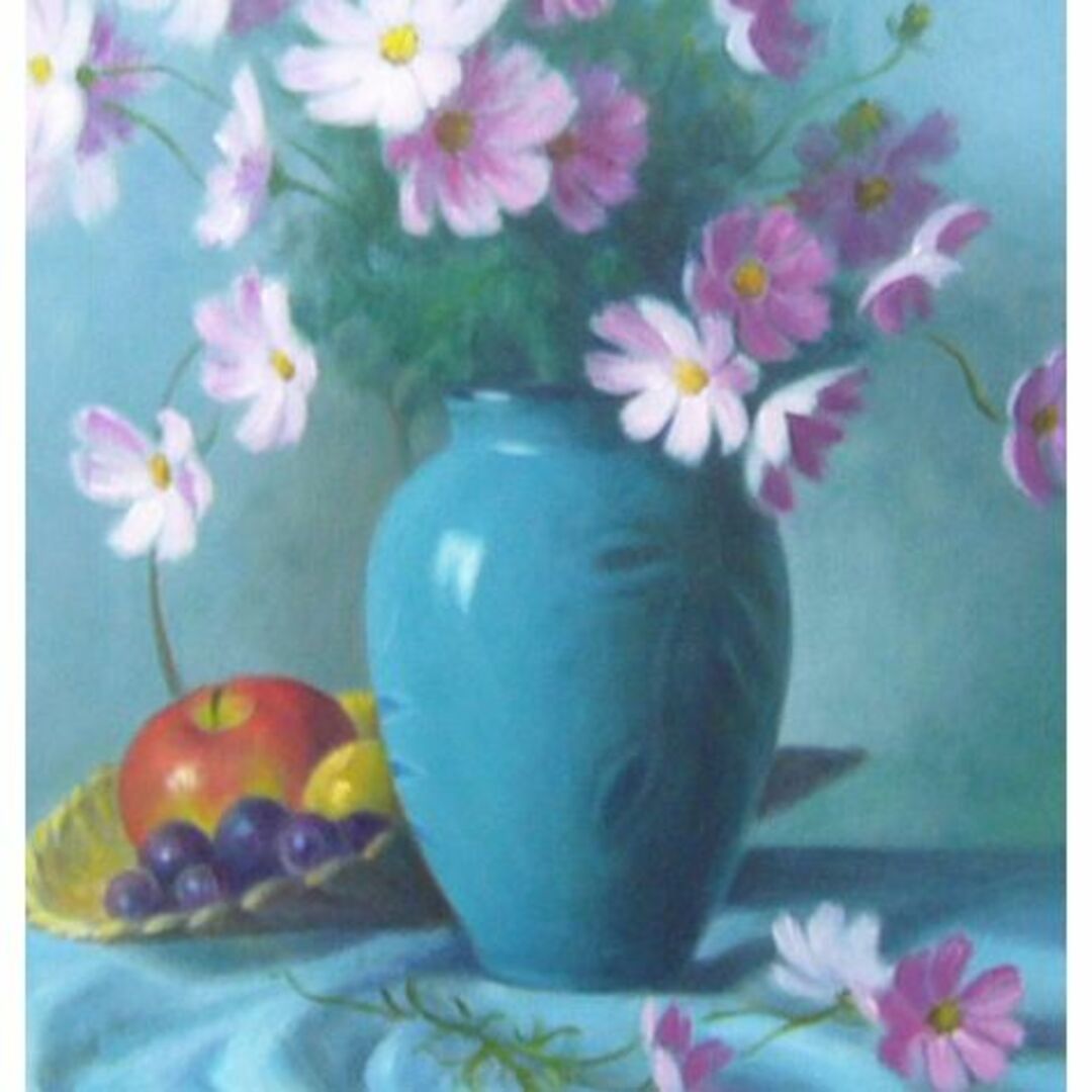 絵画 油絵 田澤禮次 肉筆油絵 静物画 花瓶とコスモス F10