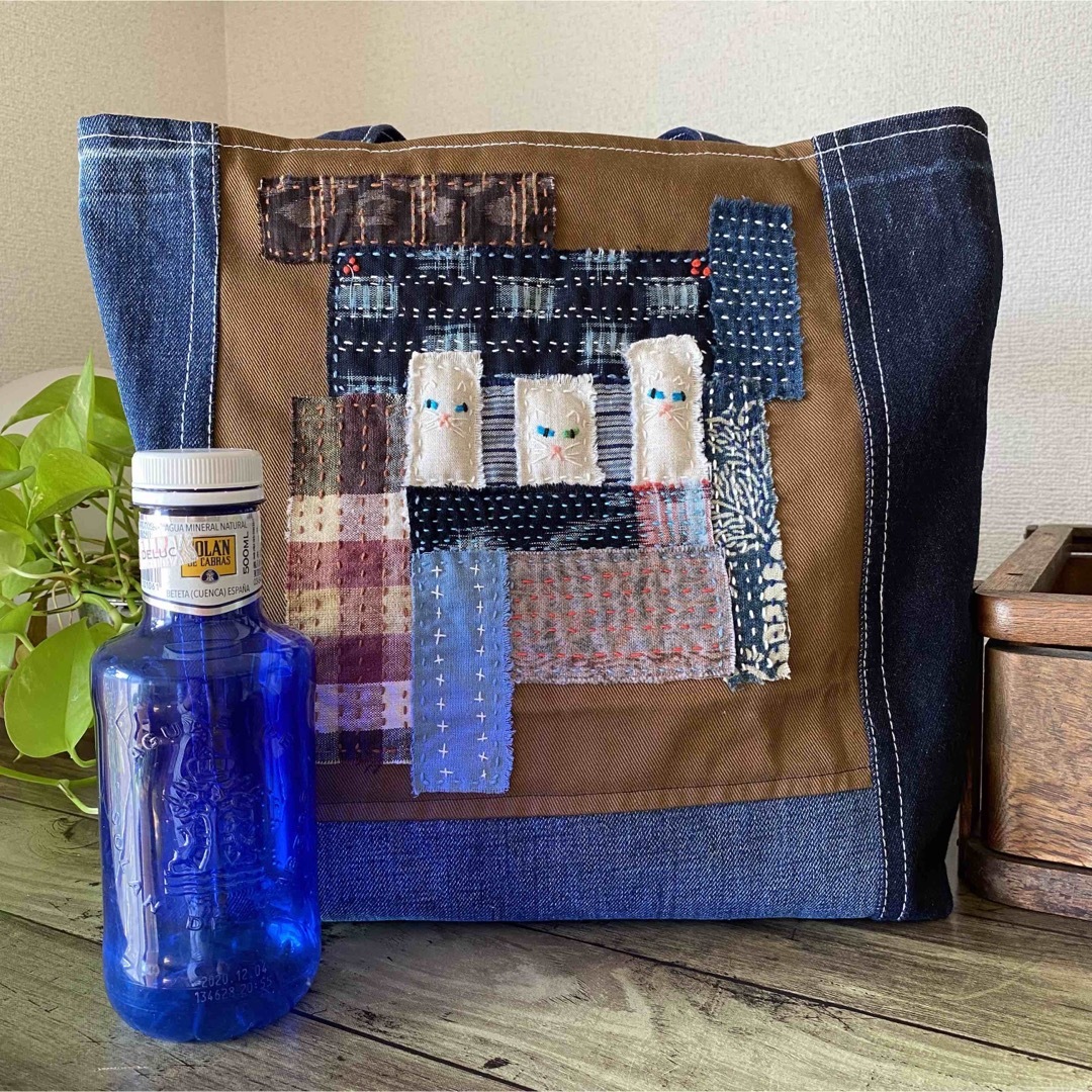 ハンドメイド デニム リメイク トートバッグ 襤褸 藍染 古布 刺し子 ね
