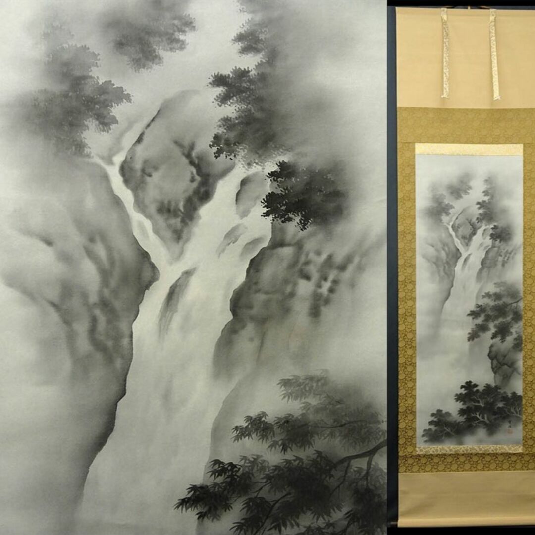 真作/山本清彦/月光山水図/絹表装/布袋屋掛軸HD-174