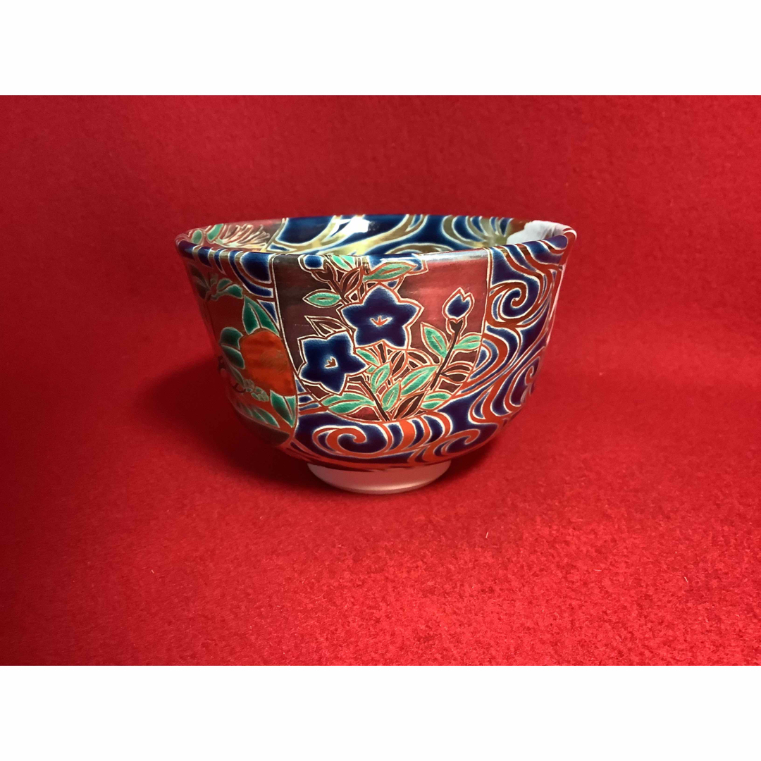 紺地団扇流水茶碗水無月窯芳哉造【中古美品】