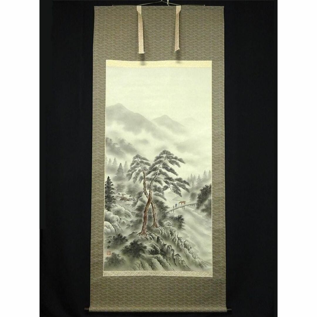 肉筆水彩日本画 『水墨山水』 高級木製額縁付属 外寸約1068×757mm 肉筆