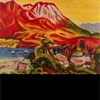 梅原龍三郎油彩 手描き『桜島』 表裏サイン(印譜) 中川一政鑑定シール