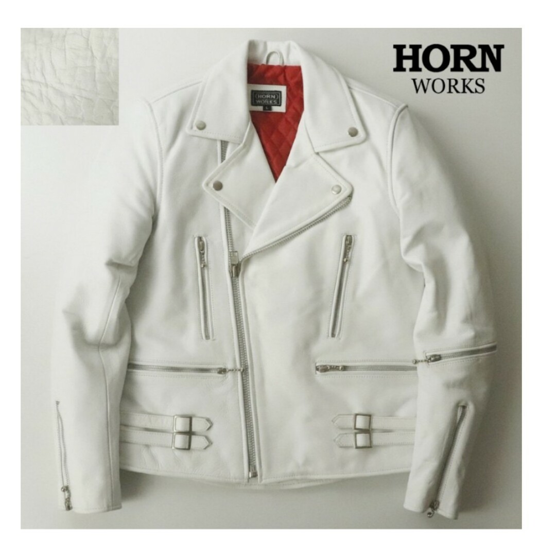 Horn Works】 牛革ダブルライダースジャケット ホワイト 古着 白