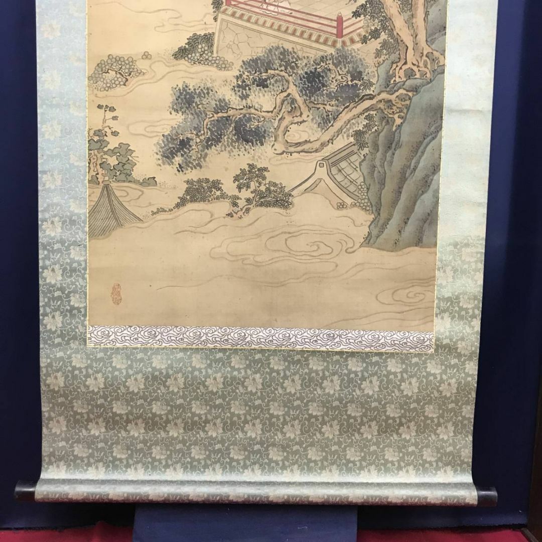 真作】晃文/青緑山水人物図/大正時代/高士人物図/掛軸☆宝船☆AD-495