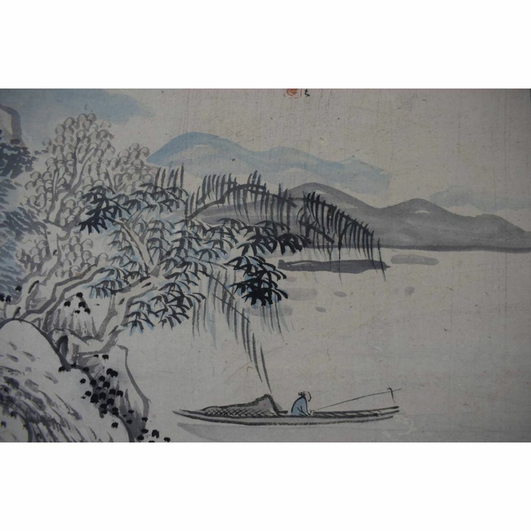 真作/福田半香/秋湖独釣図/秋景山水図/横物/掛軸