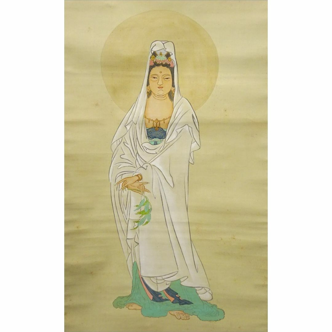 掛軸 箑城『白衣観世音立像図』仏画 絹本 肉筆 無地箱付 掛け軸 a11155