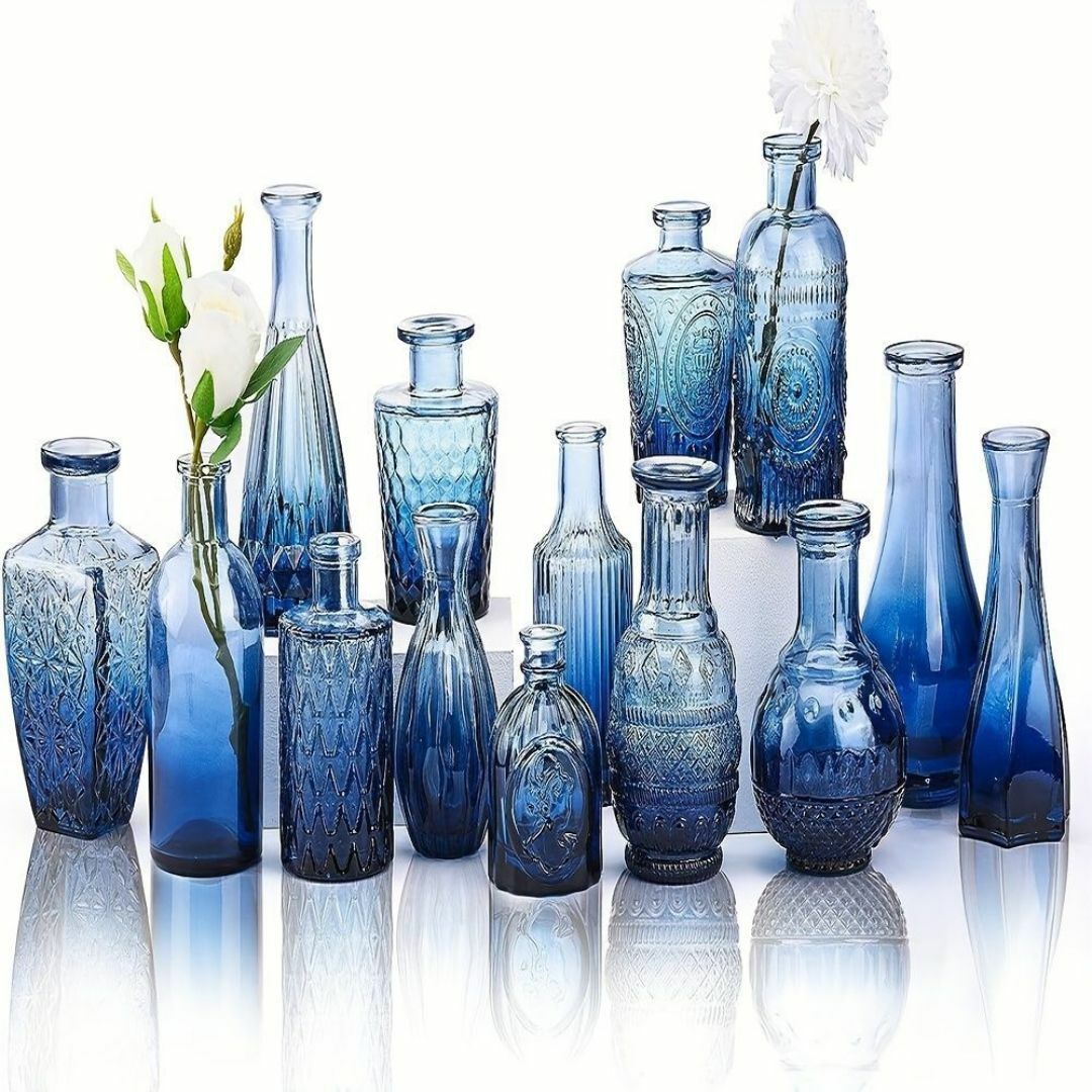 花瓶 花器 フラワーベース シーシャ 硝子 ボトル 瓶 青 レトロ