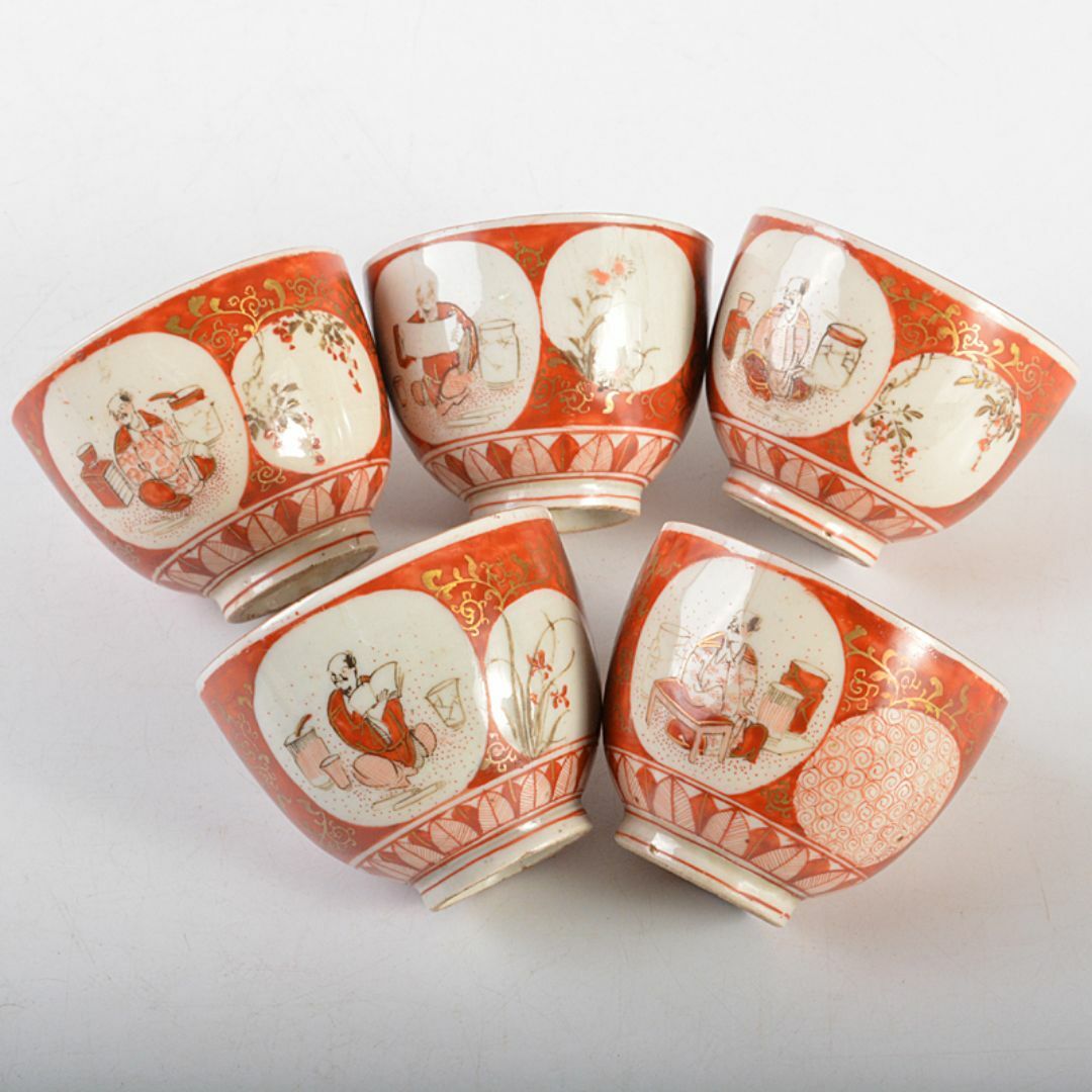 煎茶道具 九谷焼 赤絵金彩 人物花文 煎茶碗 五客 碗筒付 M