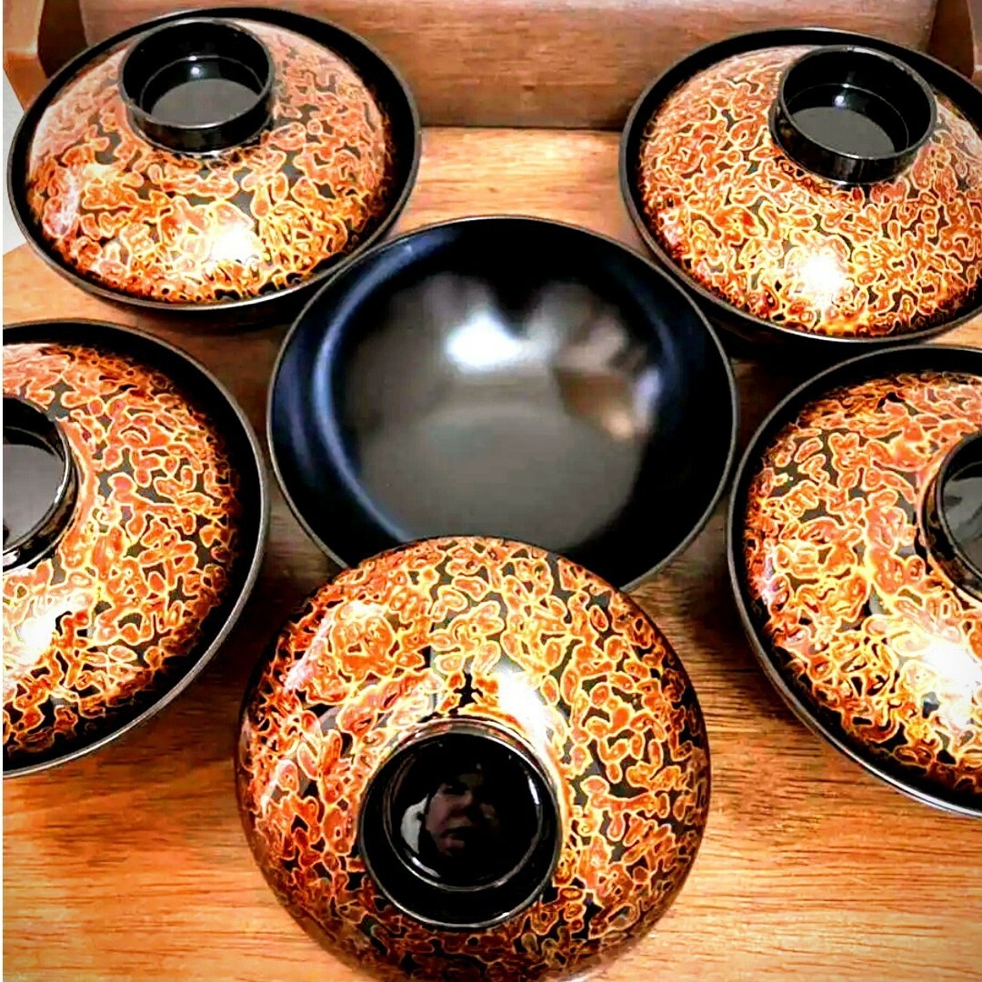 会津塗 木樹 高台 金彩蒔絵 葡萄唐草 吸物椀 雑煮椀 5客 未