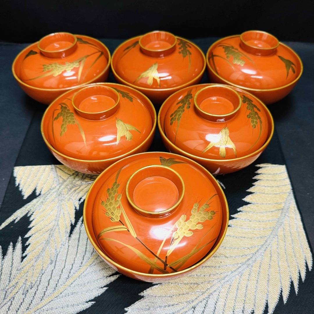 漆器 輪島塗 沈金 金蒔絵 木製 蓋付椀 お煮物椀 吸物椀 6客