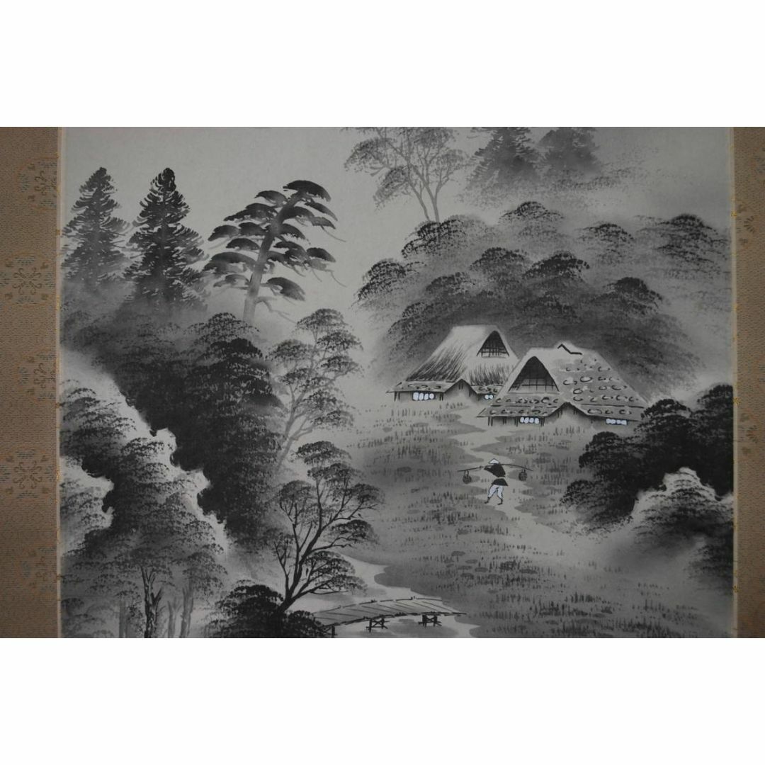 真作】掛軸山水高瀑図文人趣あふれる墨彩山水画余韻深き一幅R114