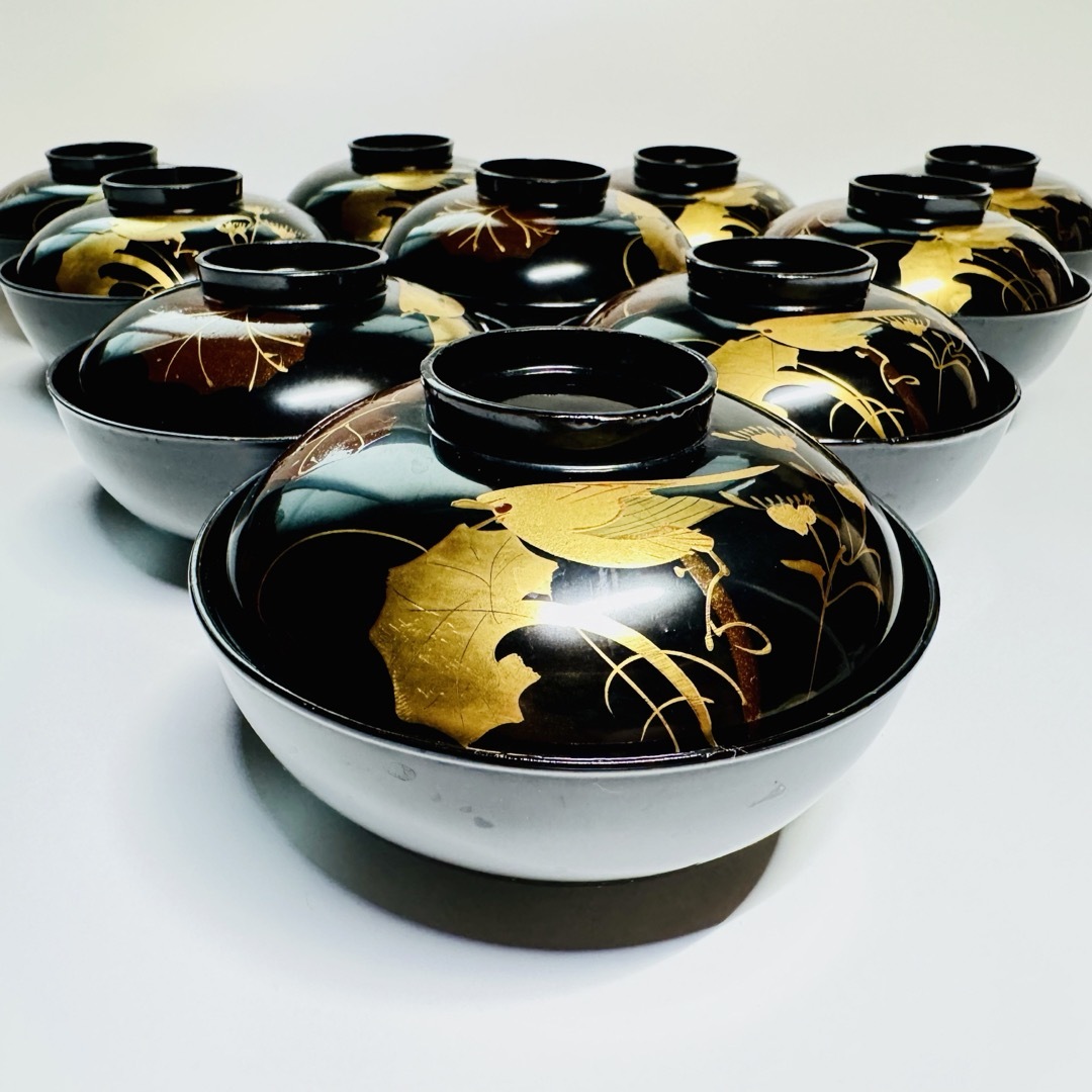 輪島塗 黒塗 鳥紋 三日月蓋 蓋碗 吸物椀 煮物椀 漆器 無傷 骨董 4客