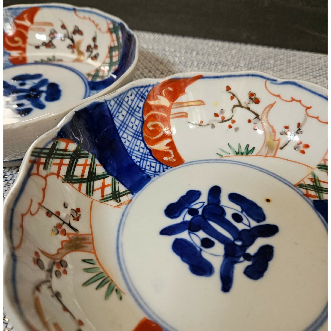 染付 なます皿 2ケ 芙蓉手 明治 花文様 輪花 花弁 唐