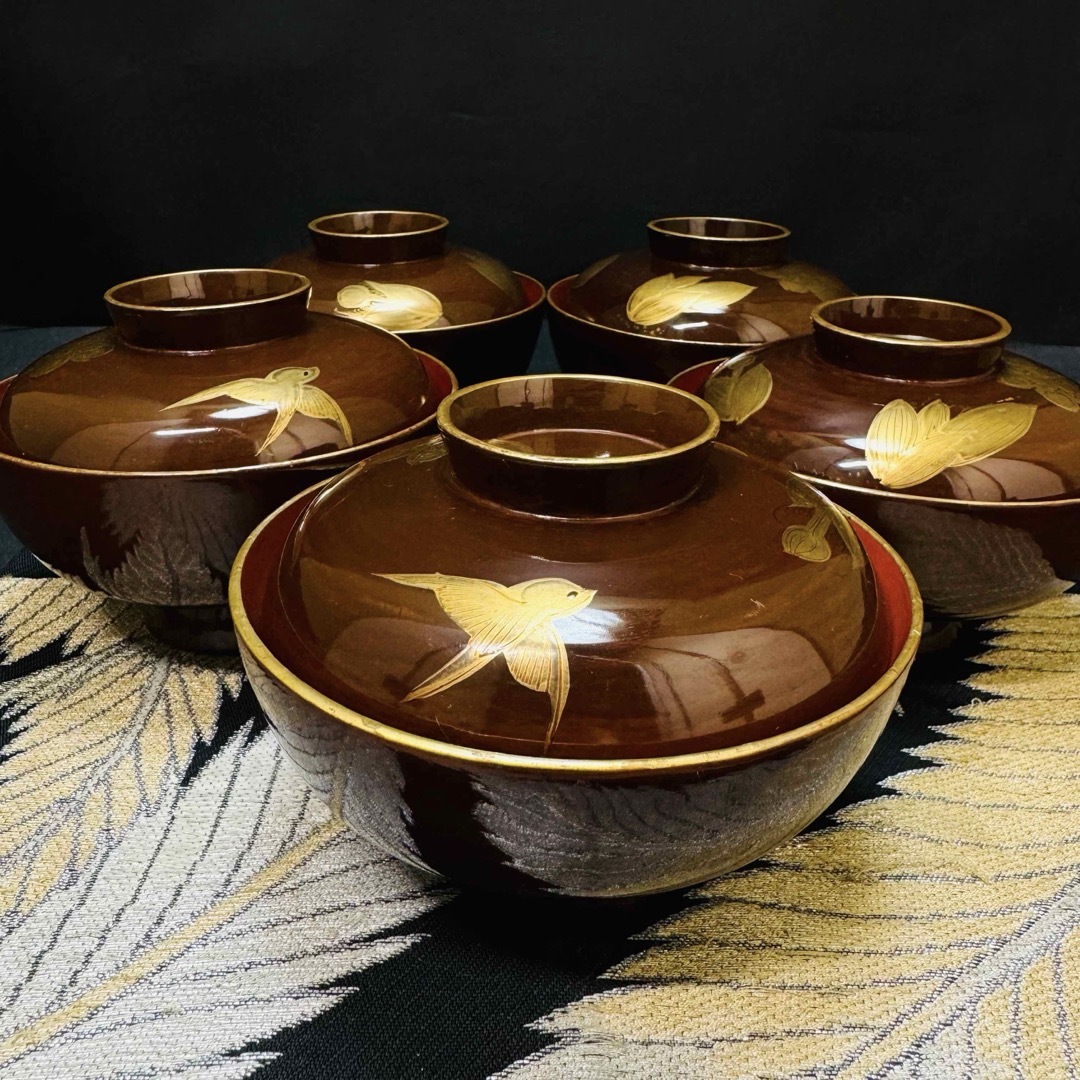 漆器輪島塗木製金蒔絵牡丹文沈金蓋付椀汁椀10客時代物 輪島塗 沈金 華