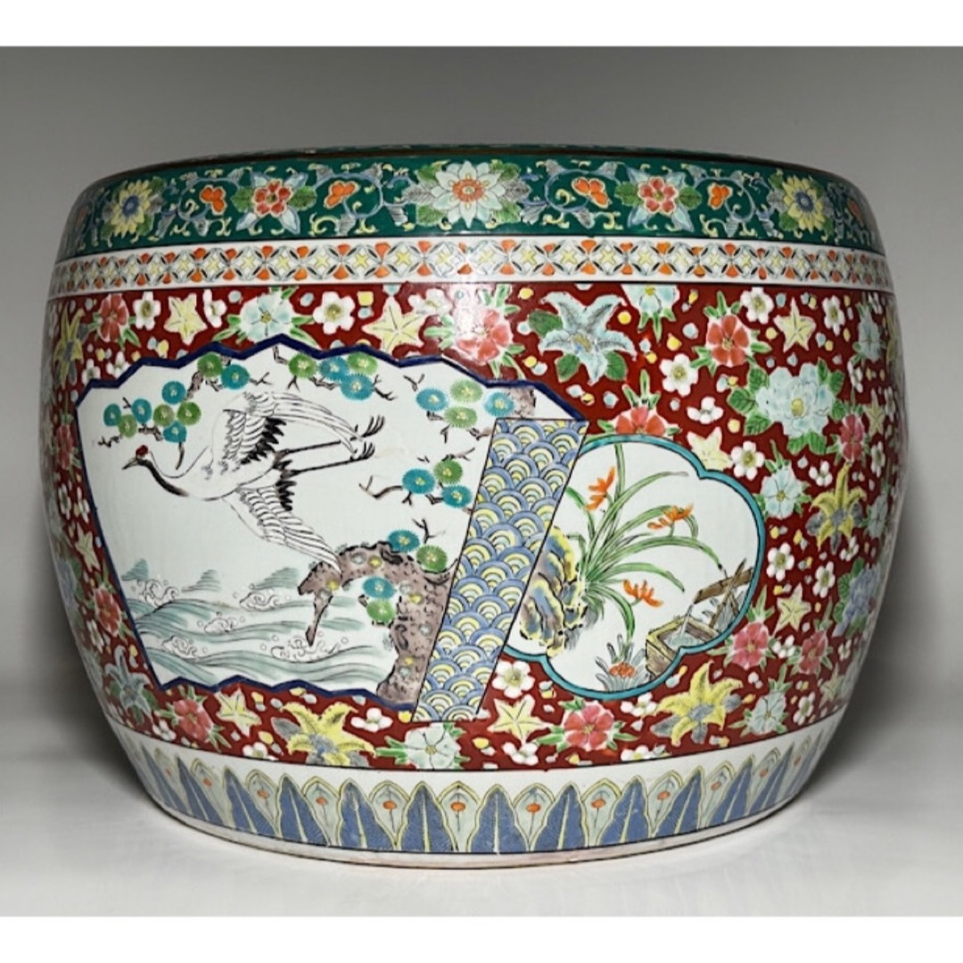 ②時代もの 十錦火鉢 十錦手火鉢 伊万里色絵火鉢 菊紋 古