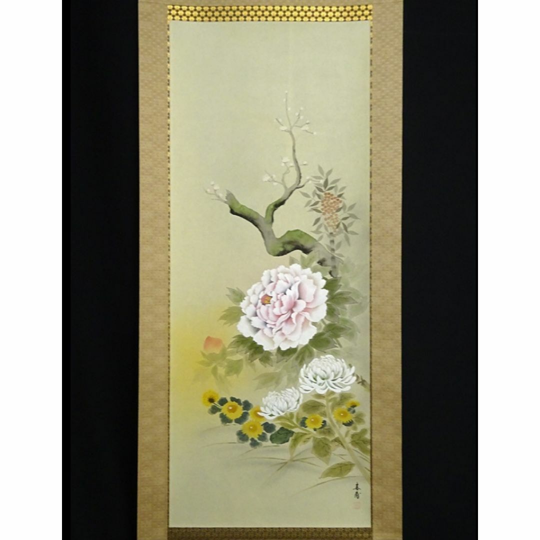 NO3四季花掛軸 野村石州作 絹本肉筆 共箱 NO3四季花掛軸 野村石州作