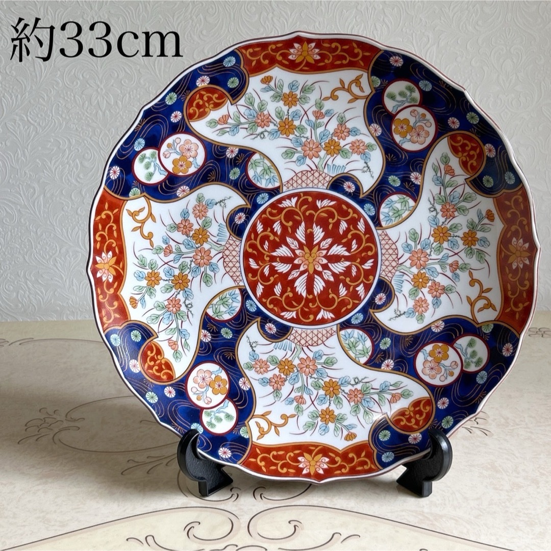 古伊万里焼 窓絵金彩赤絵『馬祥瑞文』飾り大皿 丸皿 大皿 径46.5