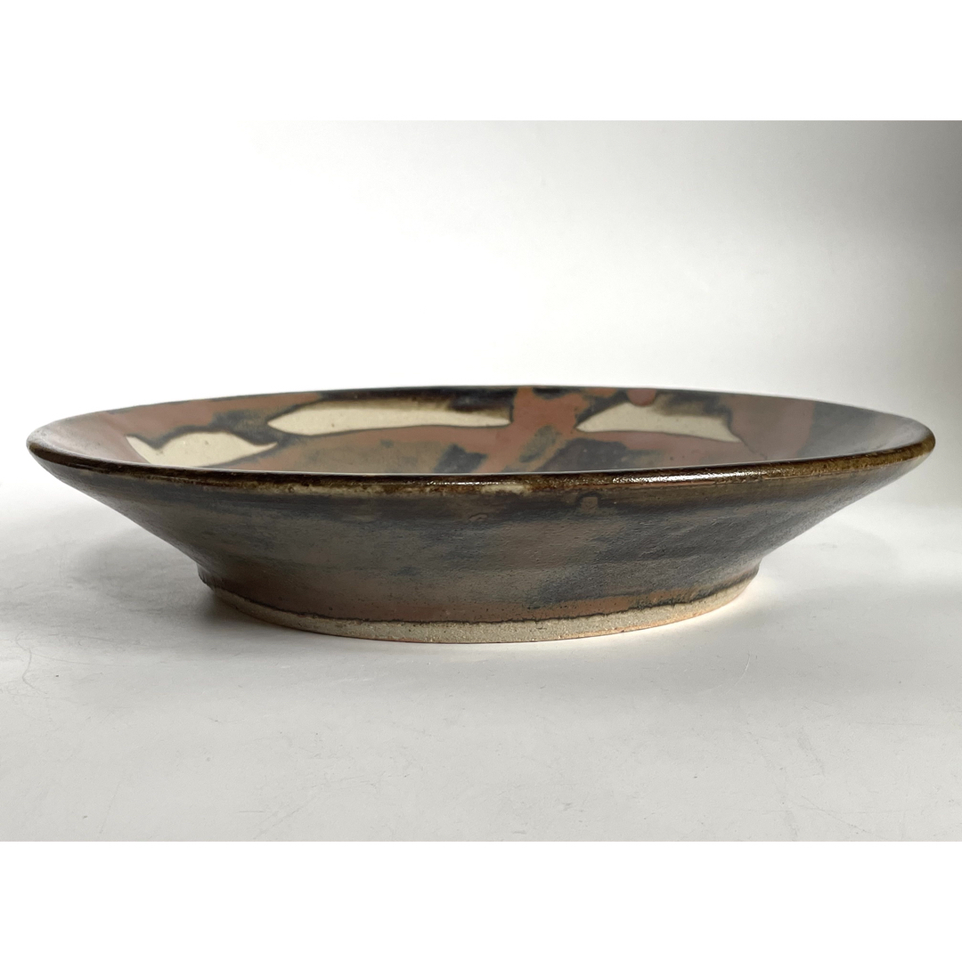 陶芸家 人間国宝 濱田庄司 浜田庄司 柿釉 抜絵 皿 大皿 飾り皿 共箱