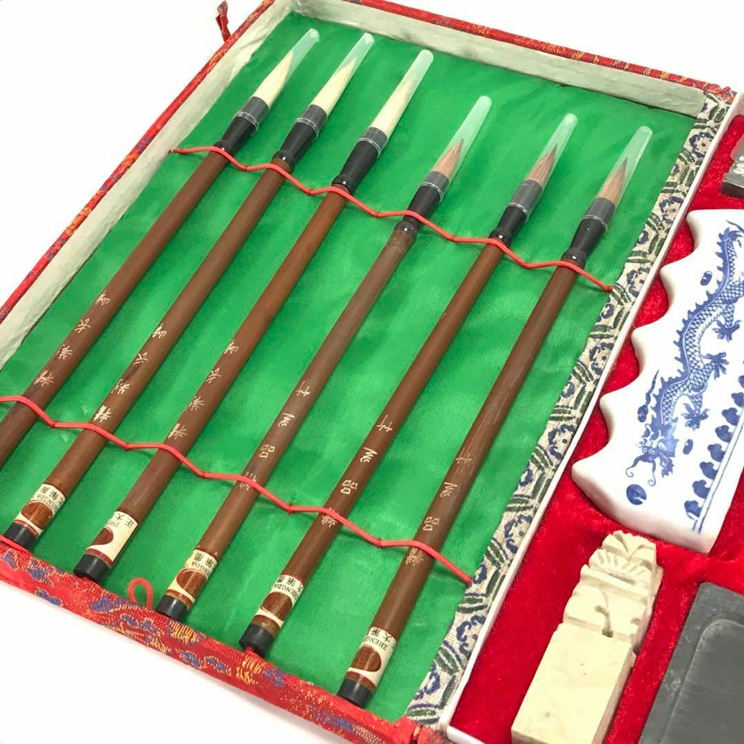 661/○書道具セット 雄勝硯/鎌倉彫硯箱/筆/文鎮/墨等 鎌倉彫り 未