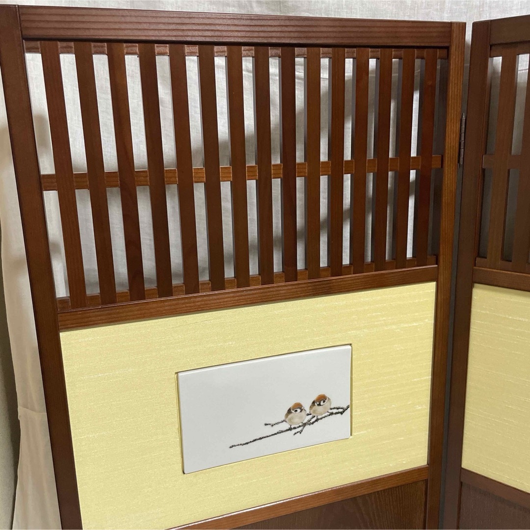 高級衝立天然木二曲雀九谷焼二曲九谷屏風