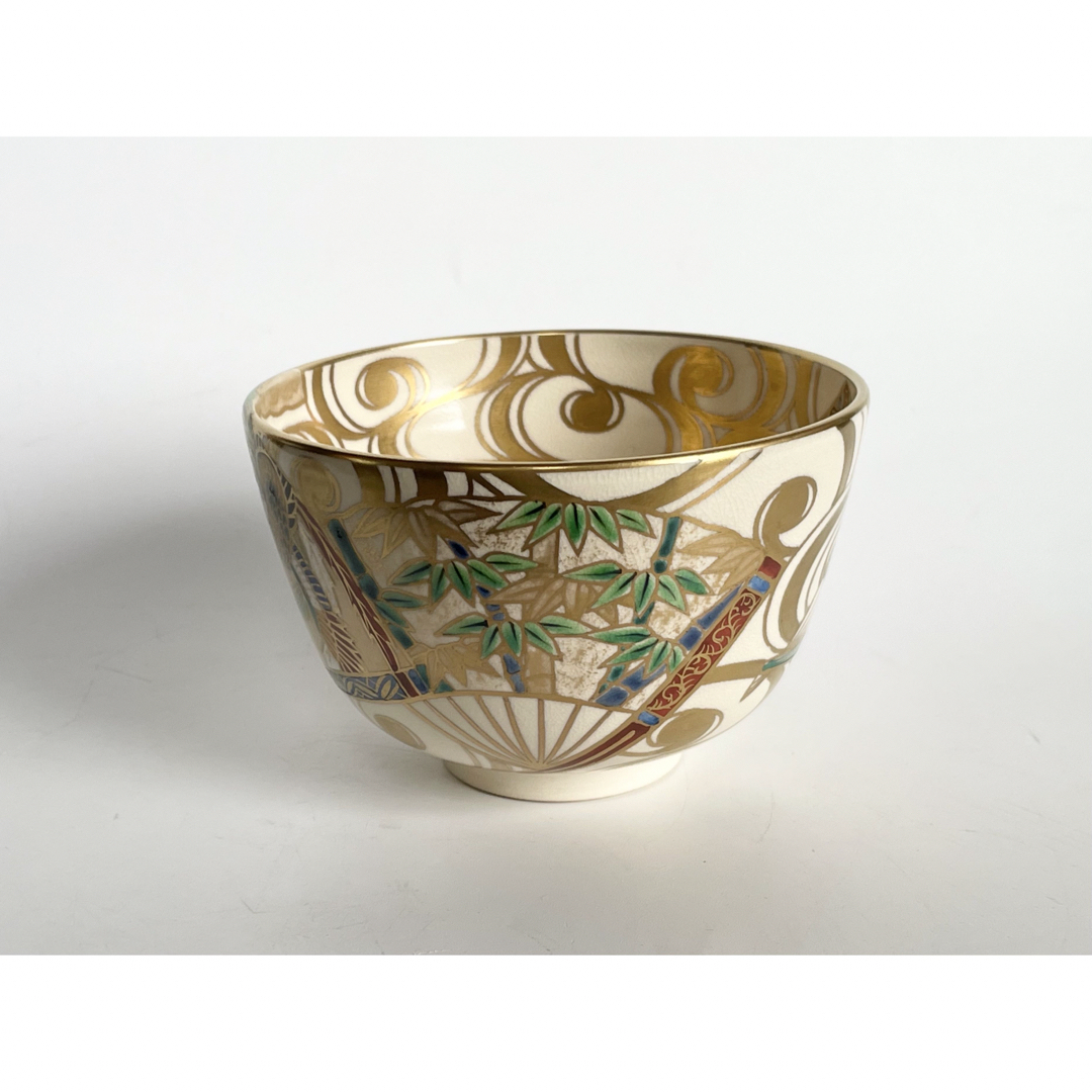 陶芸家 平安紫雲 色絵扇面流文 茶碗 松竹梅 金彩 共箱 京焼