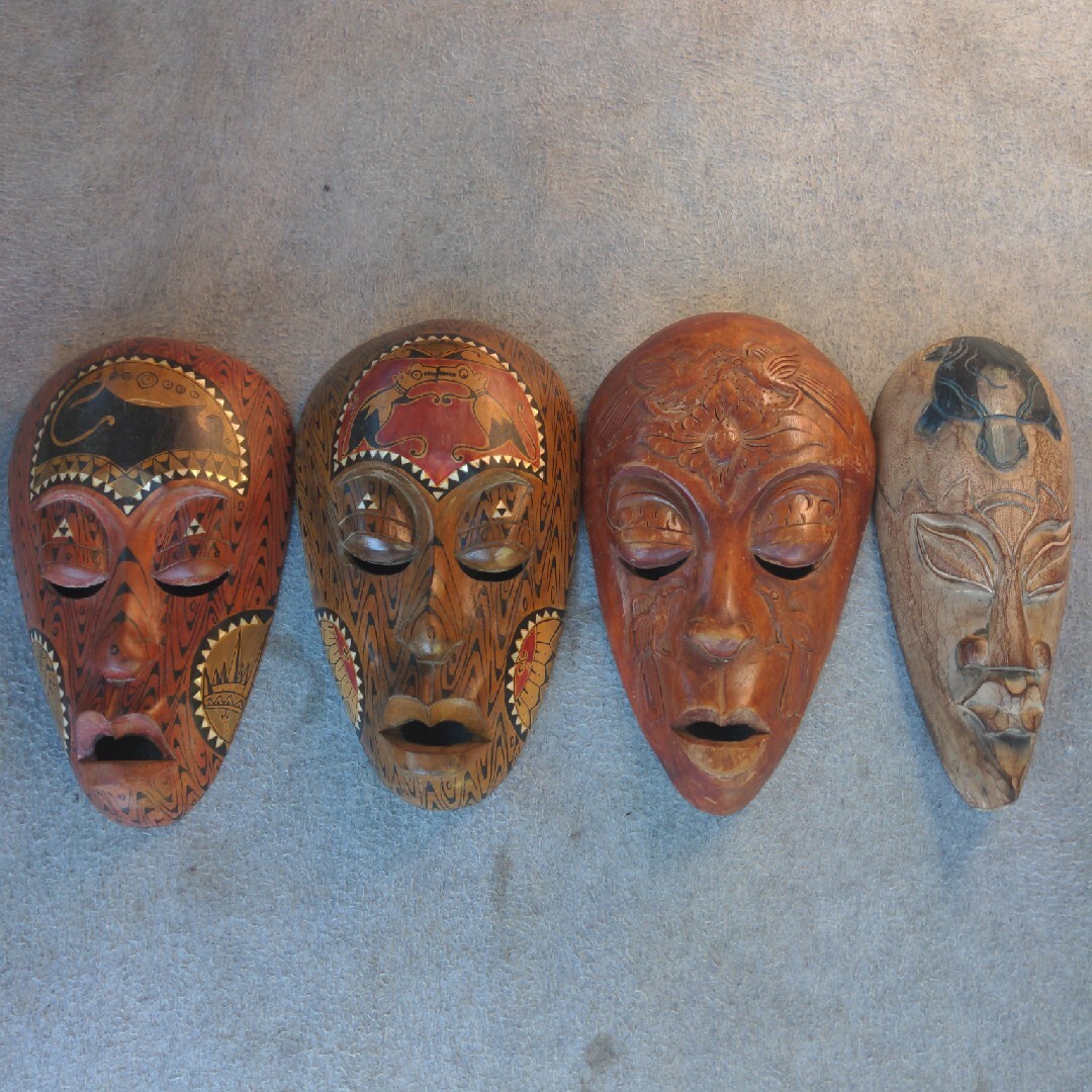 民族 お面 4点/マスク 民族面 木彫り 木製 木彫り 壁掛け 魔除け厄除の