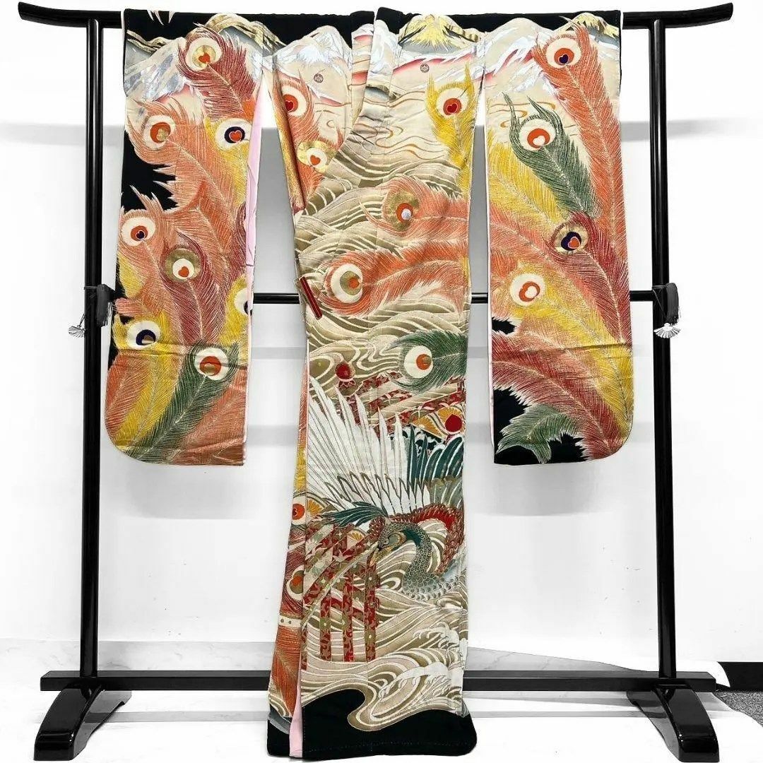 アンティーク 刺繍 金狛刺繍 鳳凰 羽模様 振袖 引き摺り 着物 104a p