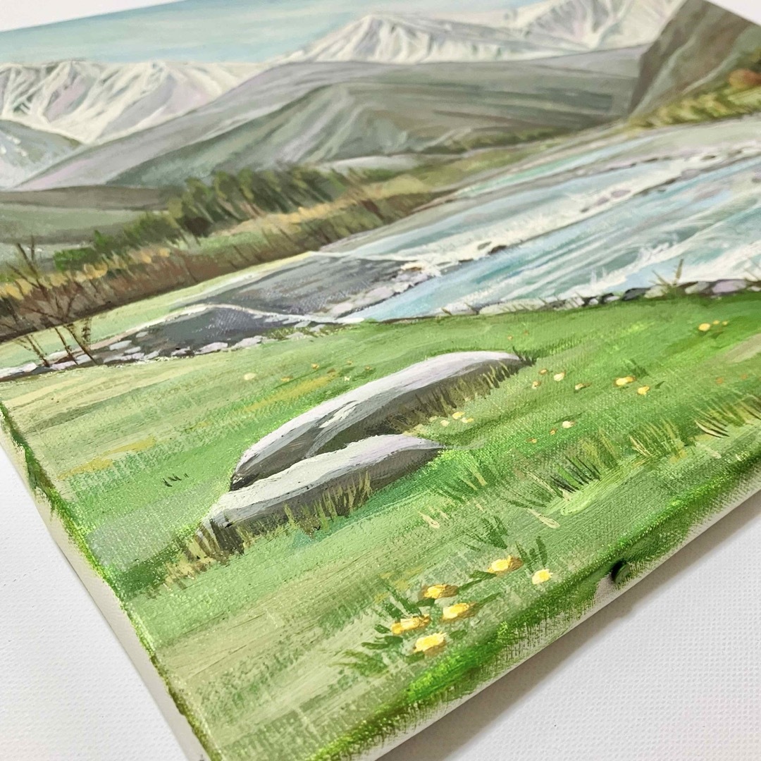 油彩画:雪解けの春＊絵画 原画 風景画 冬 雪 山 川 販売