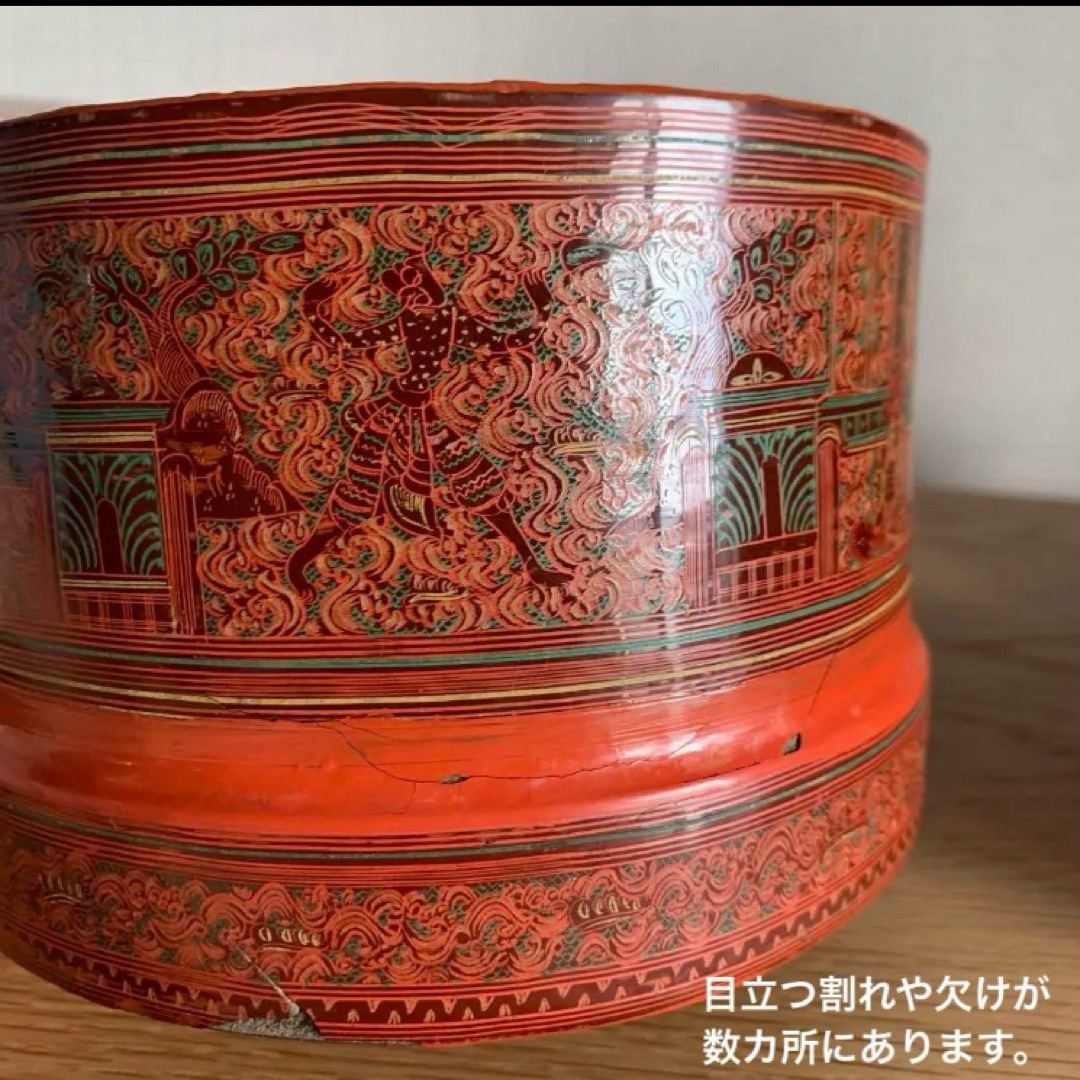ミャンマー アンティーク 漆器 蒟醤 ビルマ 細密画 3段入れ子容器 ※31