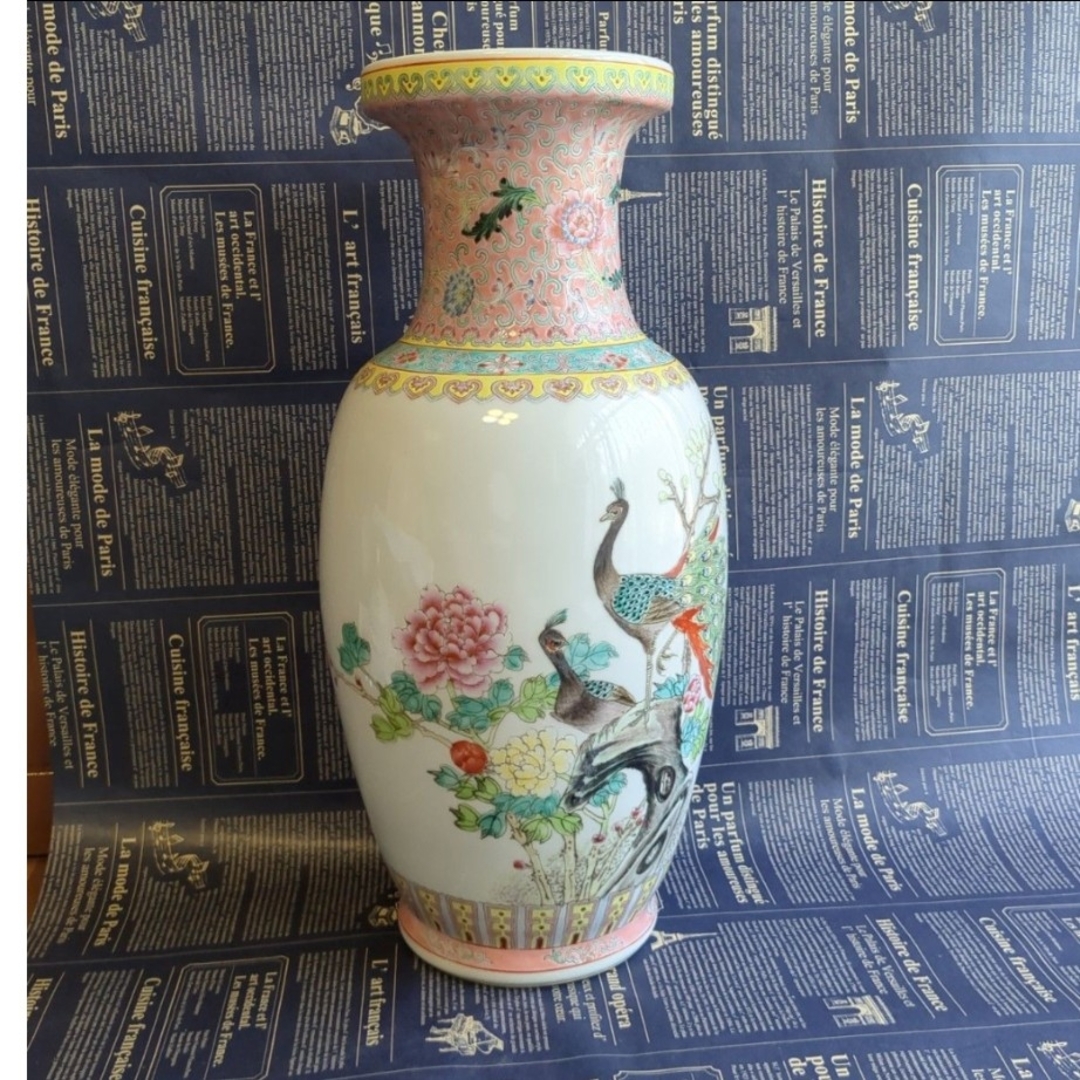 中国 余海犮作 景徳鎮製款 粉彩 漢詩花鳥文 玉壺春瓶 証明書付 MR9302B