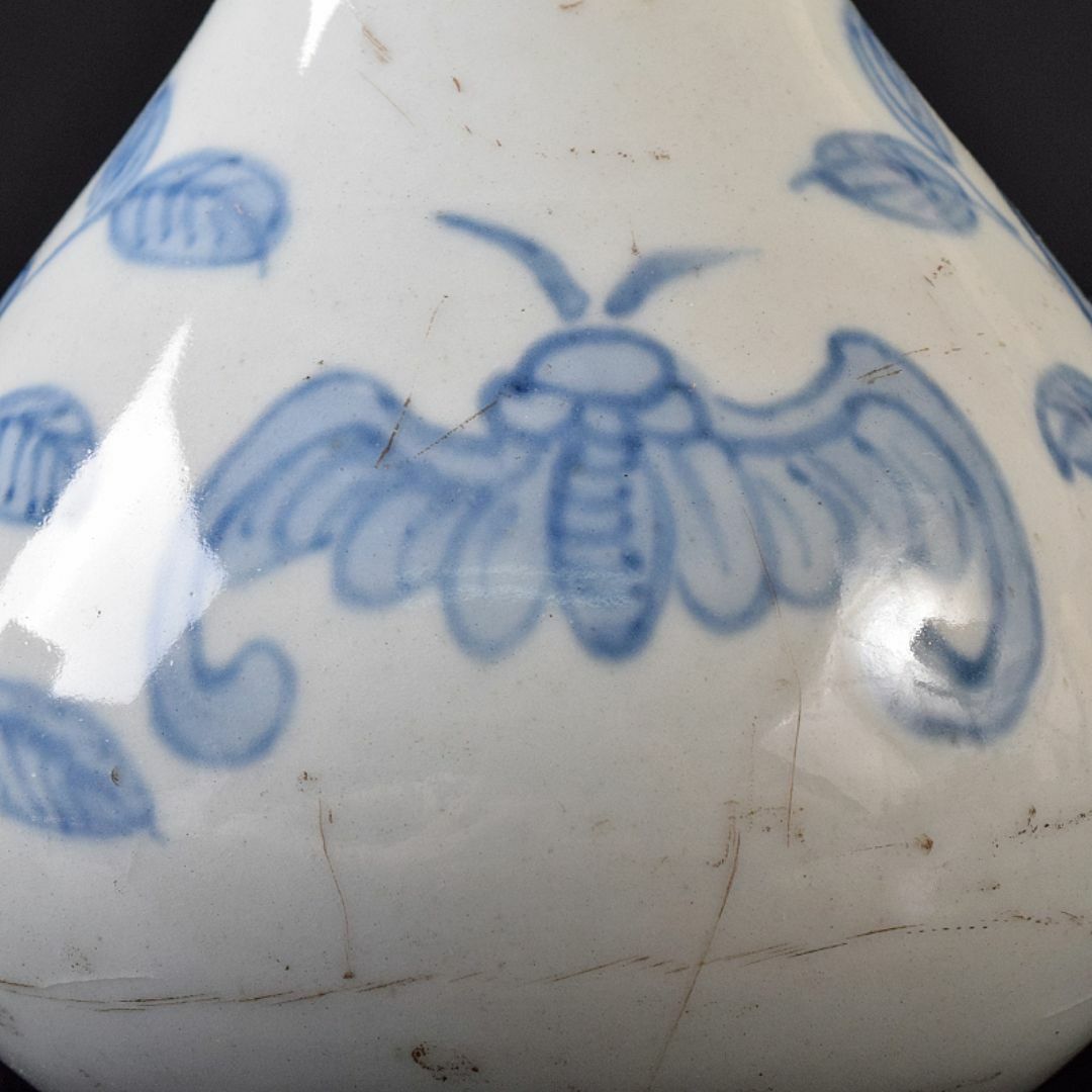 朝鮮美術 李朝 染付 蝙蝠花文 徳利 長顎瓶 時代箱付