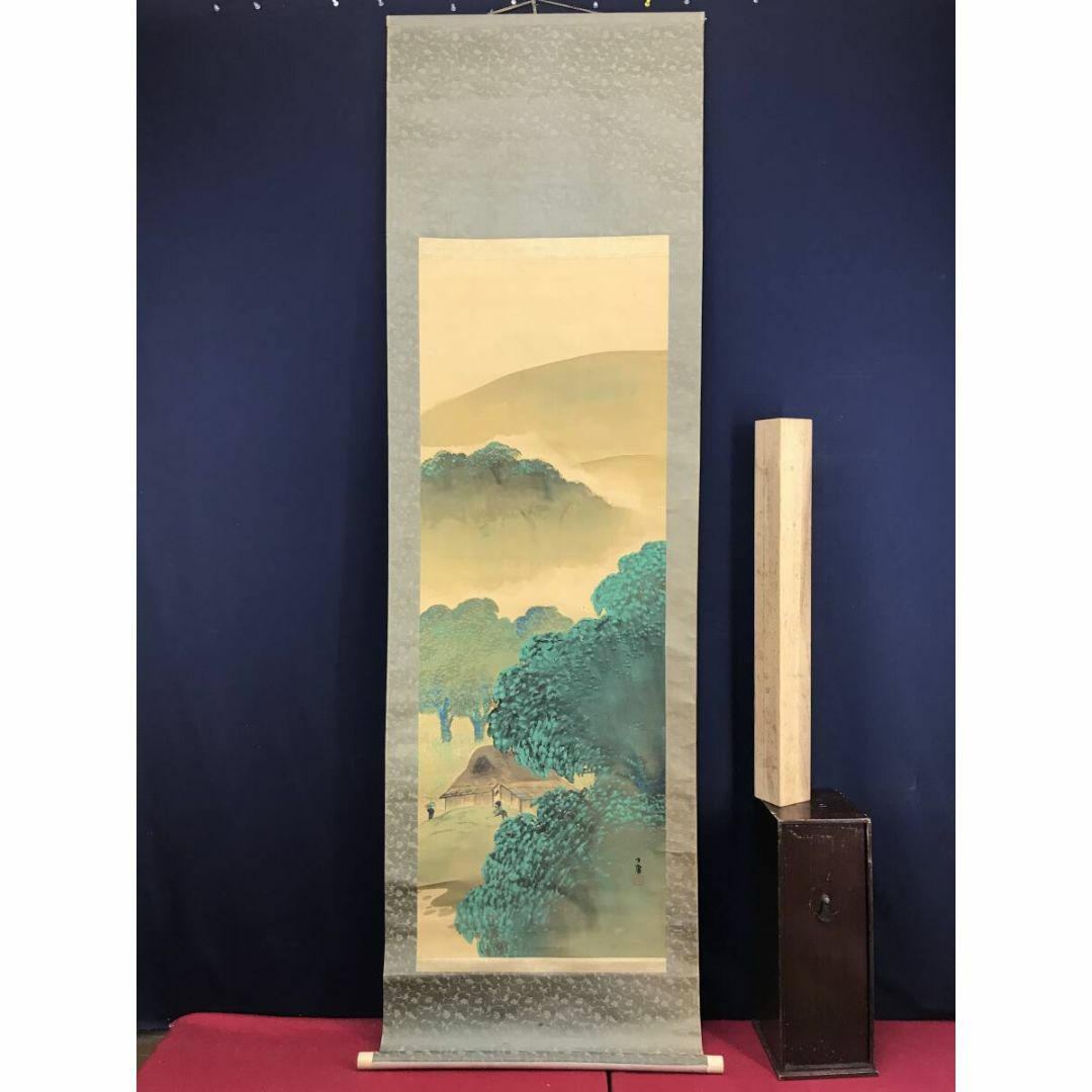 真作】掛軸 福井江亭 春景山水図 花咲く山間の幽境 共箱入 S167 真作