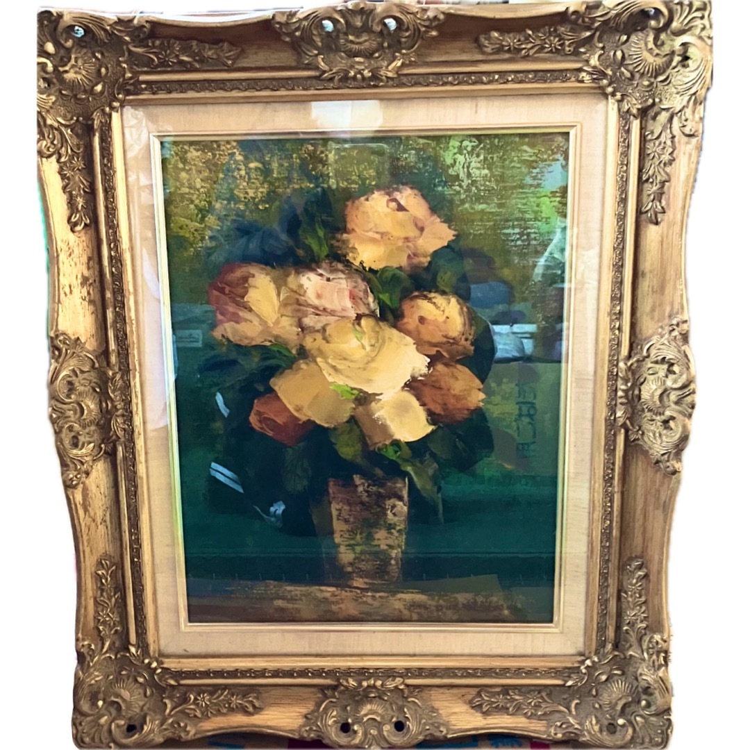 油絵 絵画 額縁付き 花束 アート ヴィンテージ