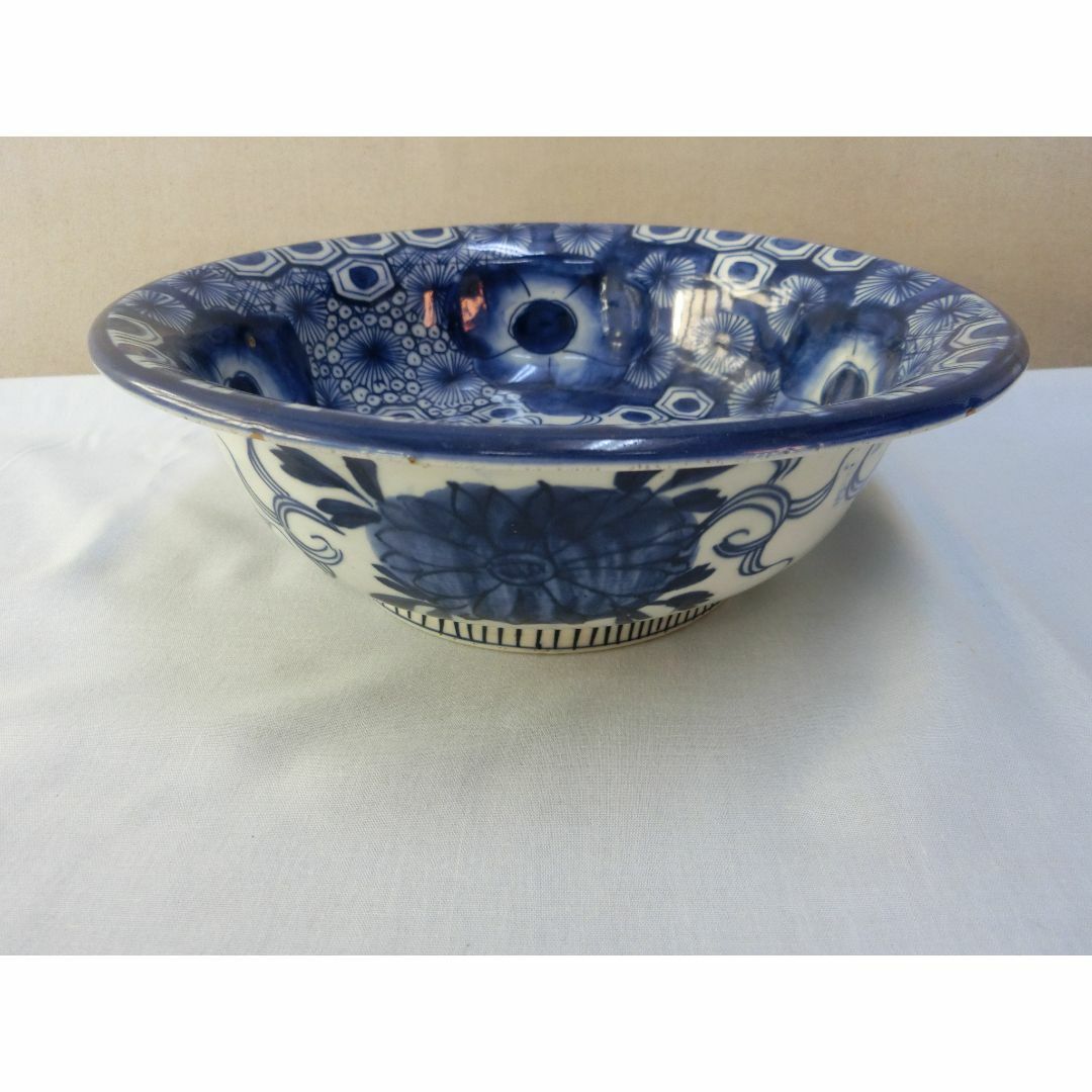 瀬戸焼 古瀬戸 染付 牡丹文 花口大瓶 唐木台・時代箱付 G R8765B 瀬戸