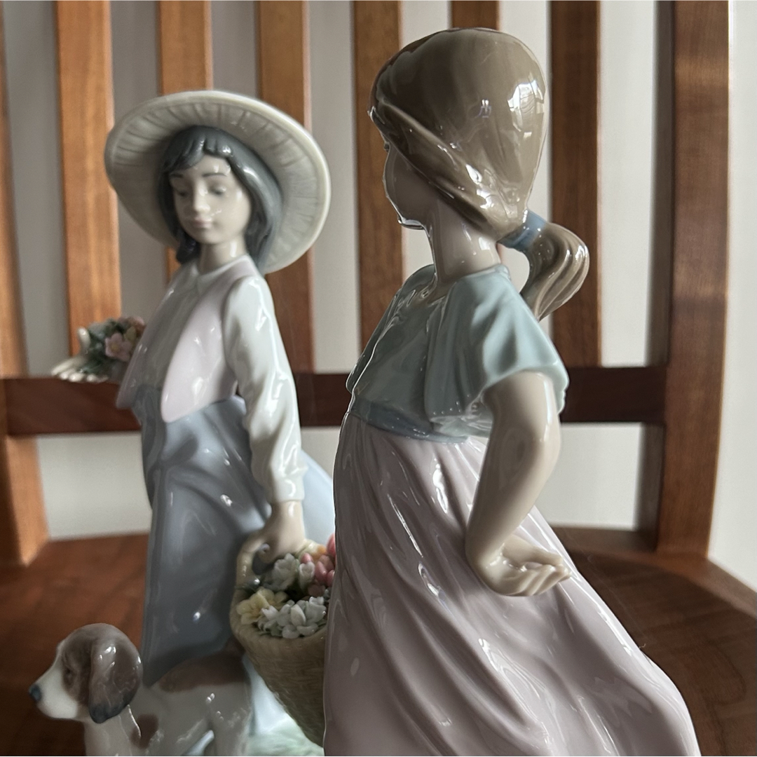 美品】リヤドロ フィギュリン 花籠を持った2人の少女と犬