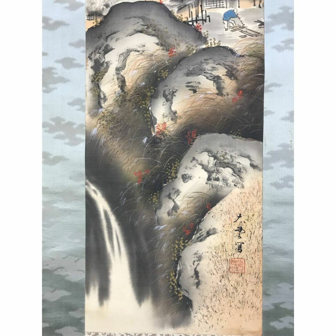 真作】掛軸 青緑山水図 仙境の楼閣と松林風景 清幽なる風景画 T4 真作